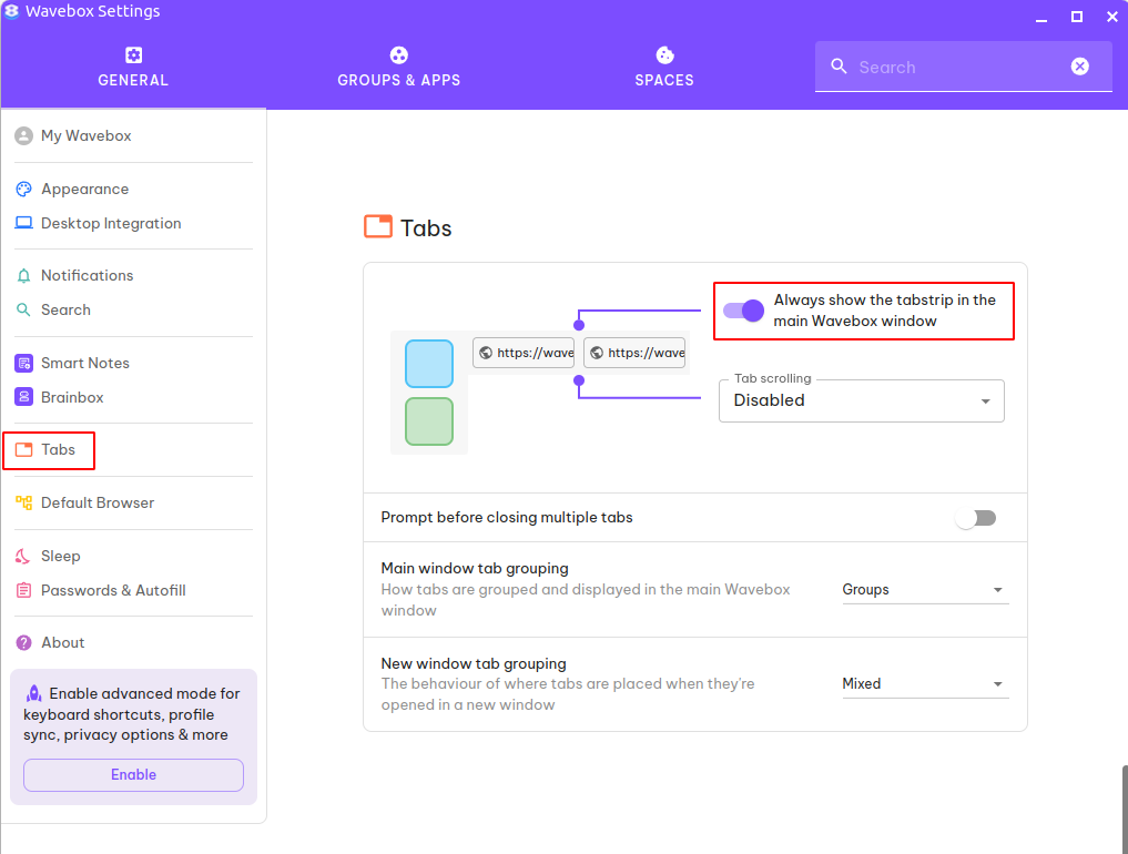 Activate the tab strip in the main Wavebox window.