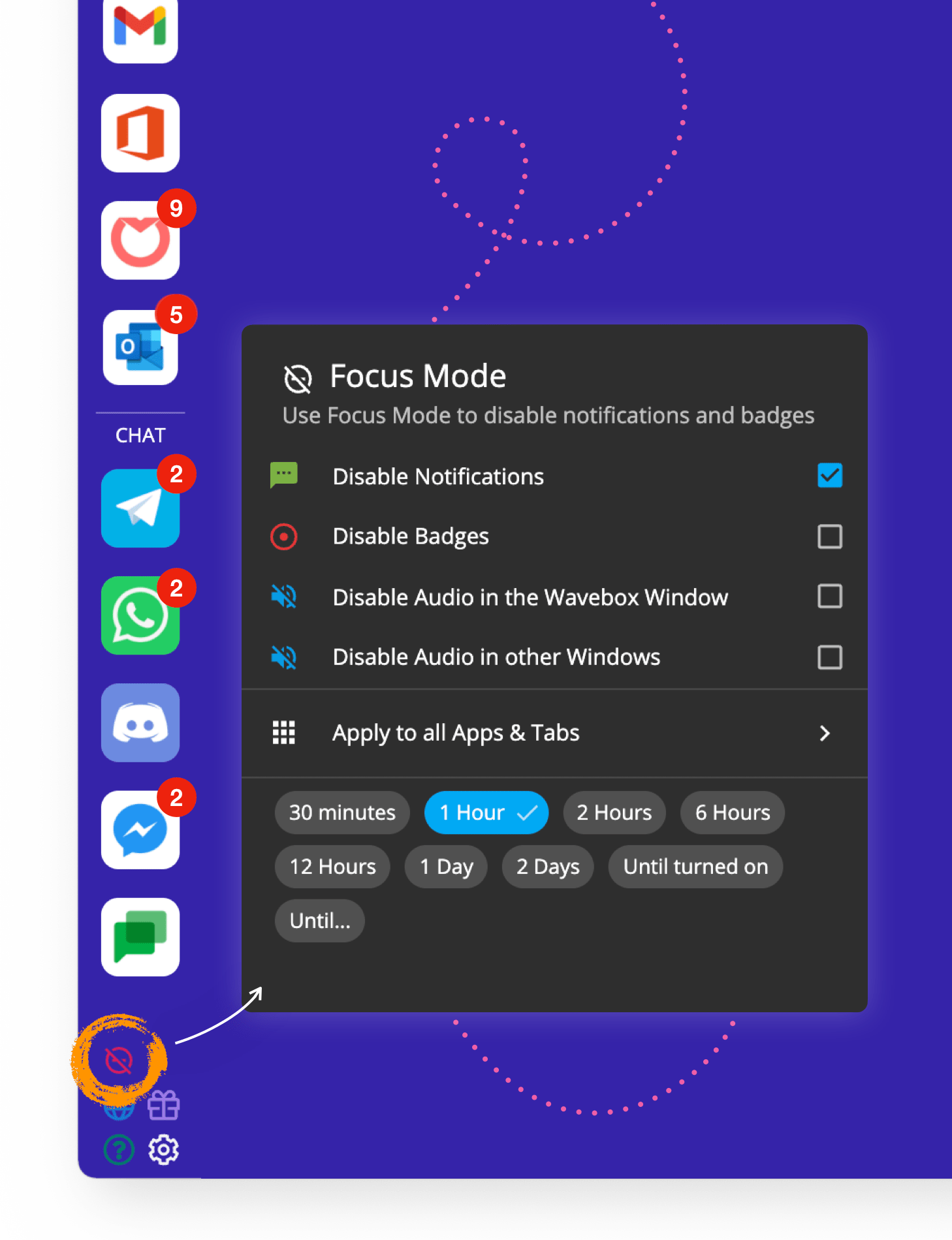 Use the Focus Mode panel to turn off notifications, badges and sounds for a selection of apps, or all of them.