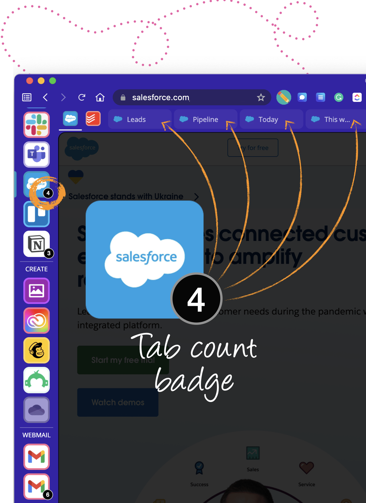 Use tabs within a group and/or app to stay focused.