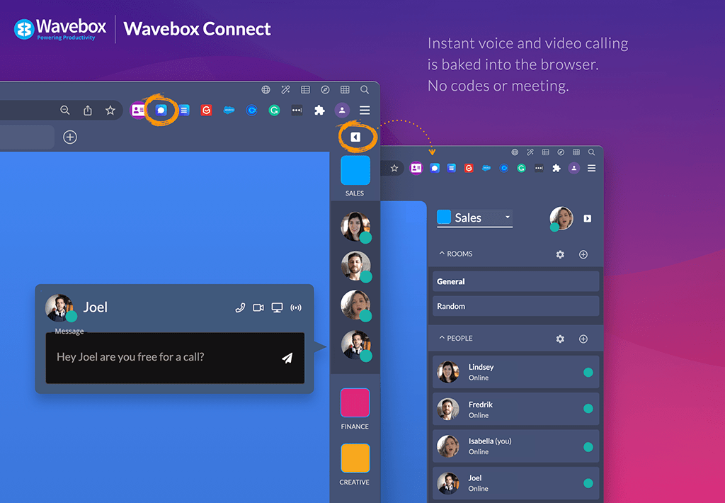 Wavebox has voice, video and screensharing built into the browser