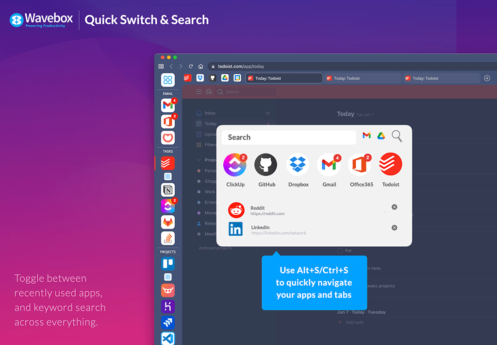 Quickly switch between recently used web apps and tabs
